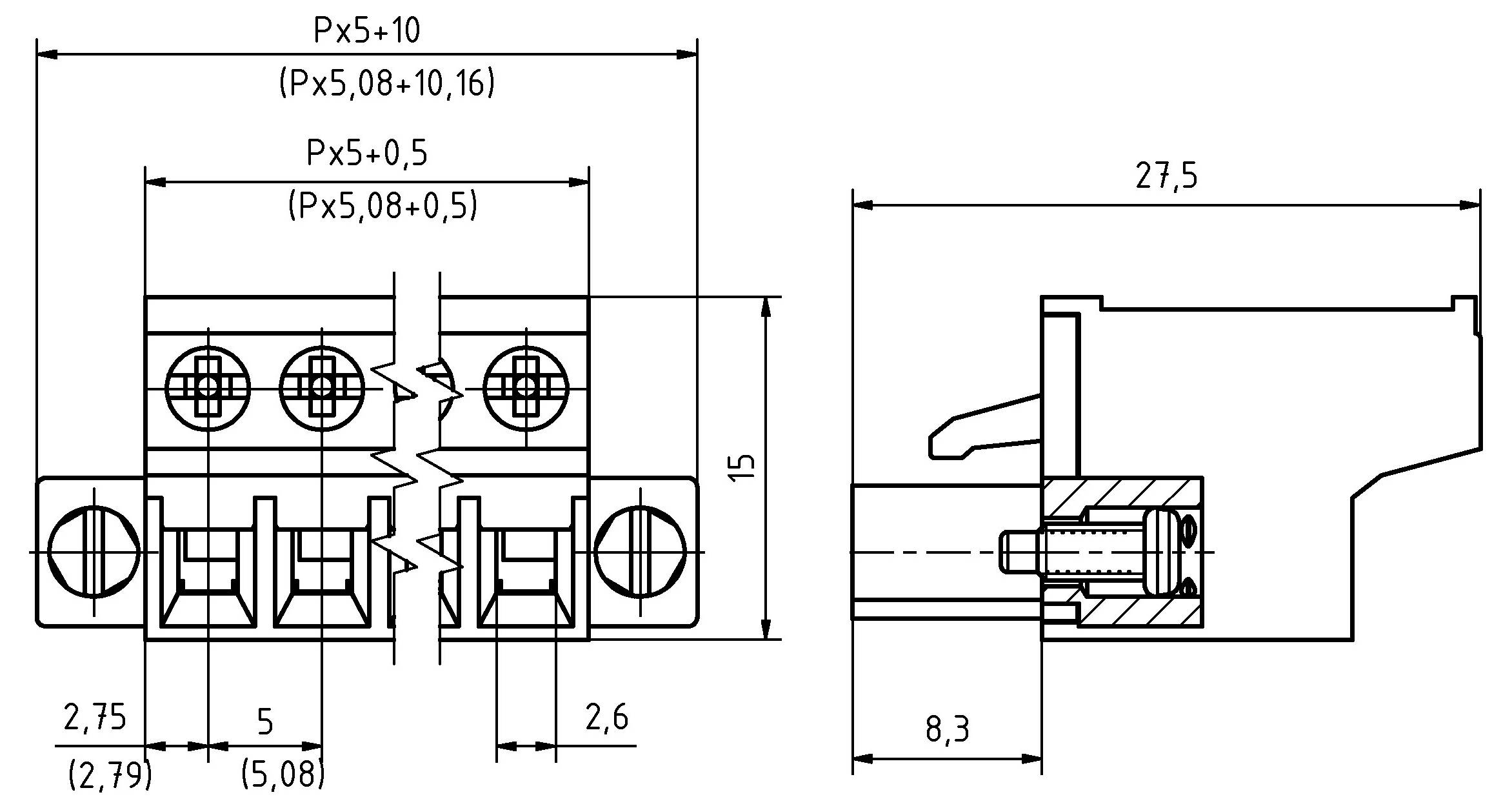 Technische Zeichnung eines elektrischen Steckers mit Vorder- und Seitenansicht, Abmessungen in Millimetern gekennzeichnet, hervorgehoben sind Abstände und Messwerte.