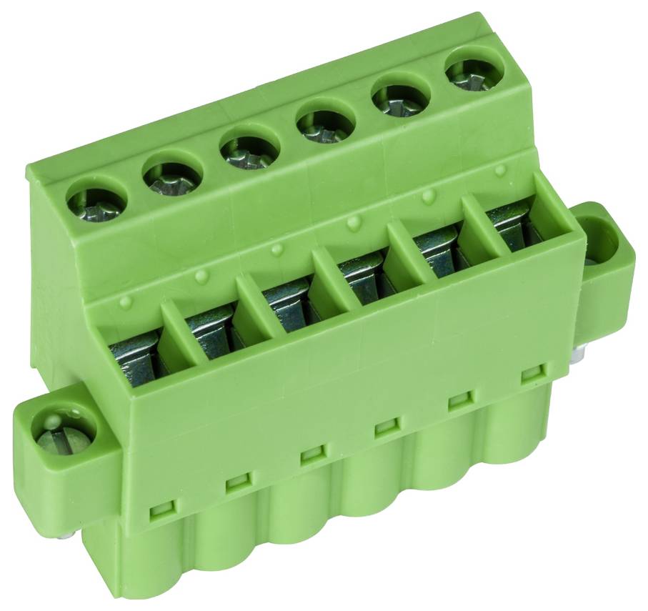 Ein grünes Klemmleistenblock mit fünf Anschlüssen für Stromkabelverbindungen.