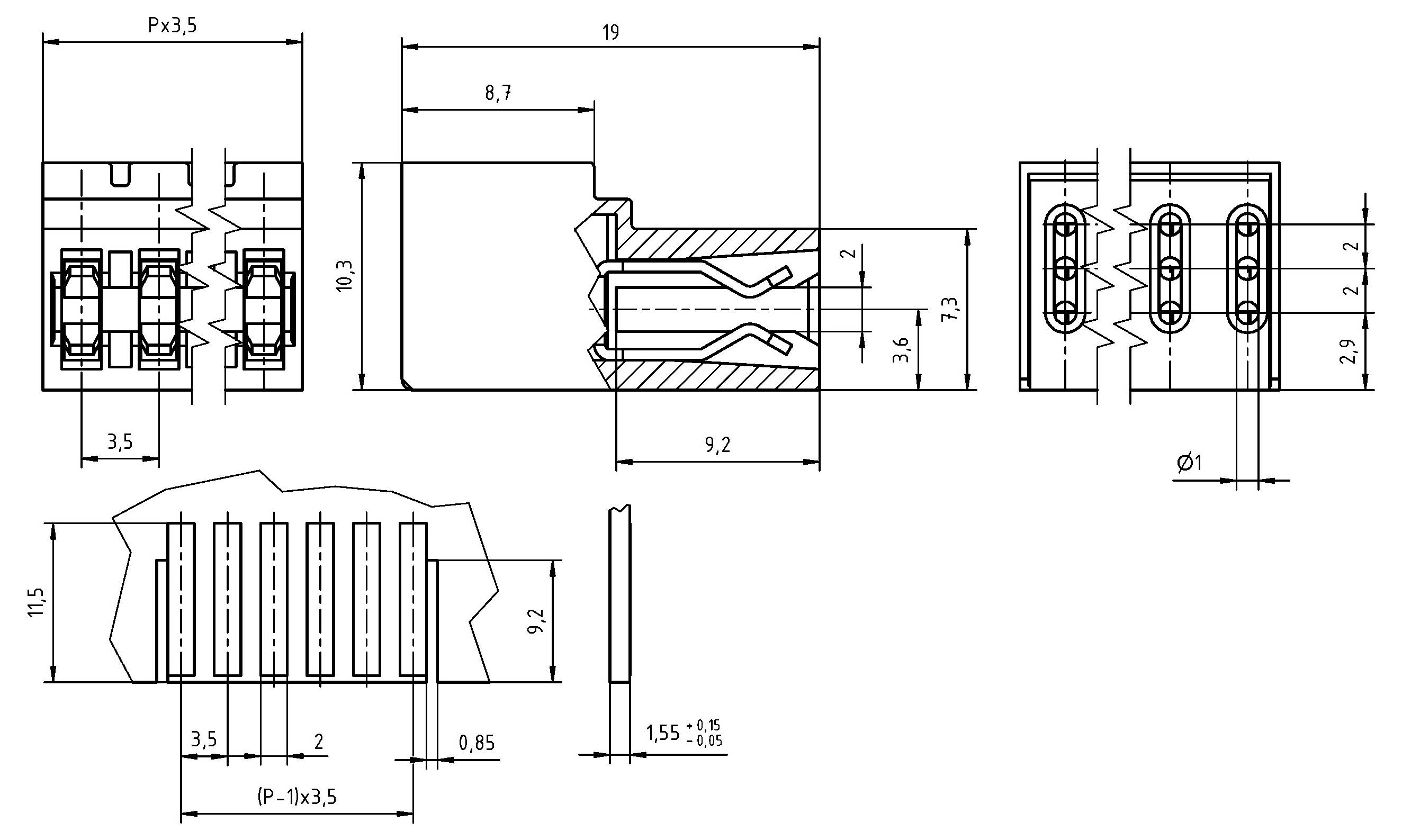 Technische Zeichnung eines rechteckigen Steckers. Vorder-, Seiten- und Draufsicht mit Abmessungen in Millimetern, zeigt Positionen für Schrauben und Stifte.