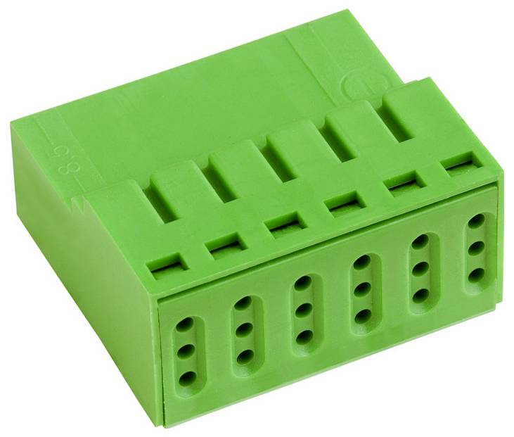 Ein grünes elektrisches Anschlussblockmodul mit sechs Anschlüssen, das zum Sichern und Organisieren mehrerer Drahtverbindungen in Schaltungen verwendet wird.