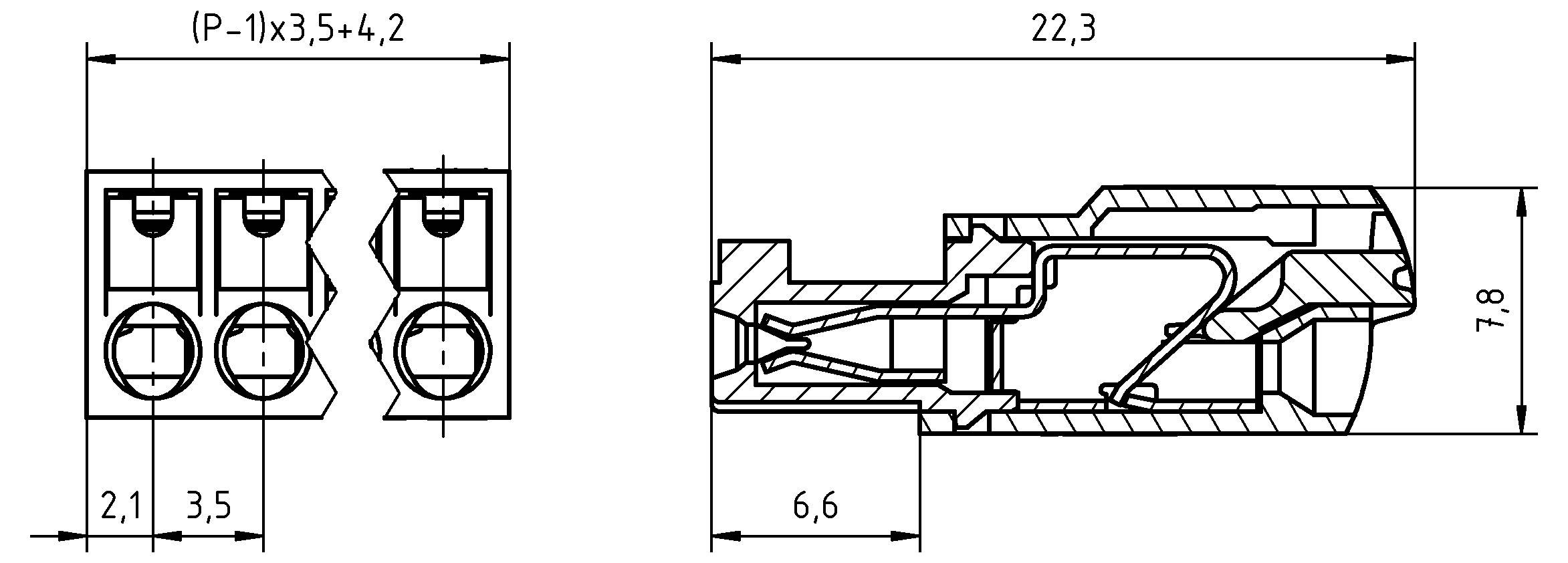 Konstruktionszeichnung eines dreipoligen elektrischen Steckers. Enthält Maße: Breite 2,1 mm, Länge 22,3 mm, Höhe 7,8 mm.