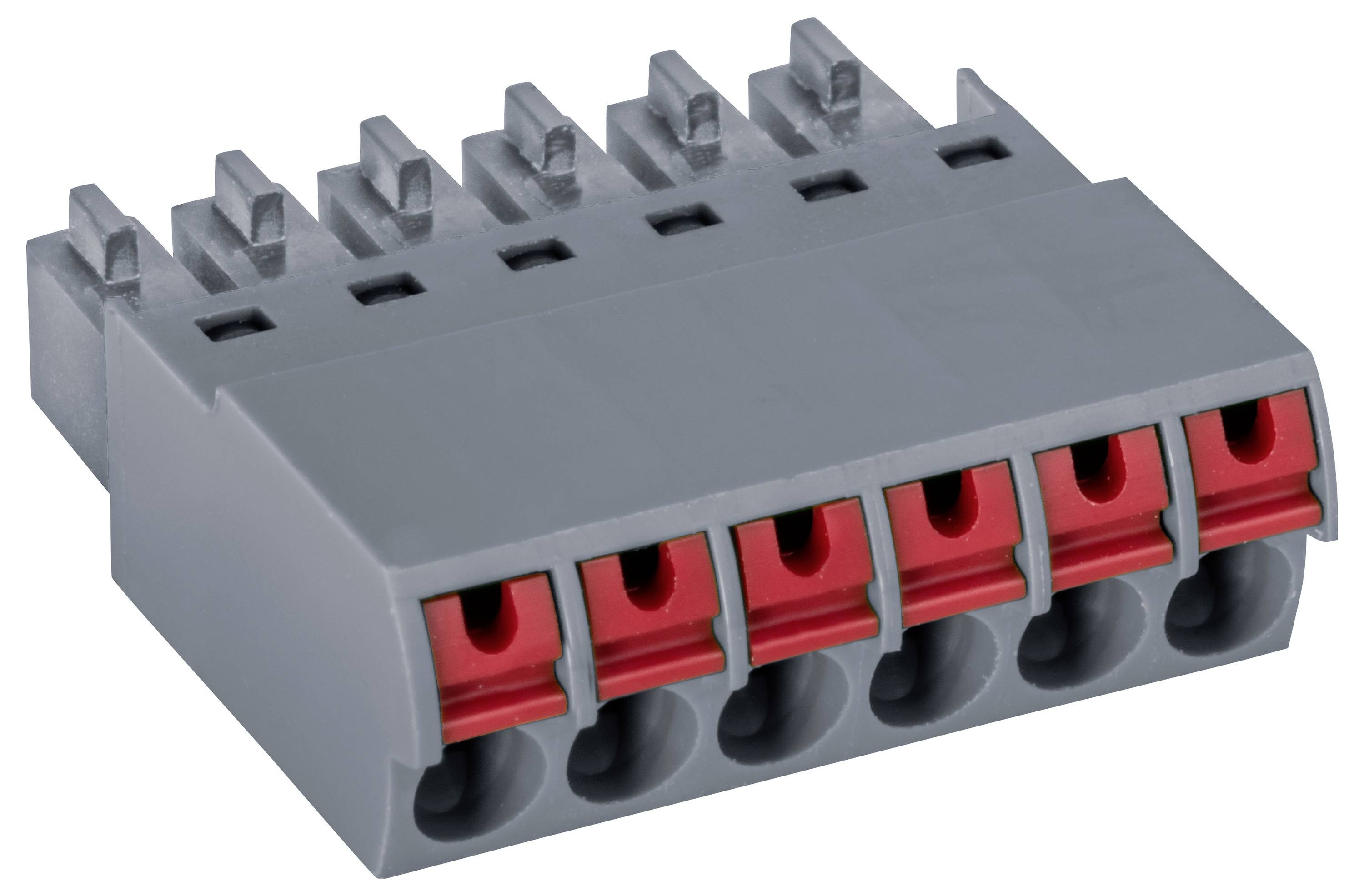 Ein grau-rotes fünfpoliges modulares Klemmleistenmodul für elektrische Verbindungen mit Schlitzen für die Drahteinführung.