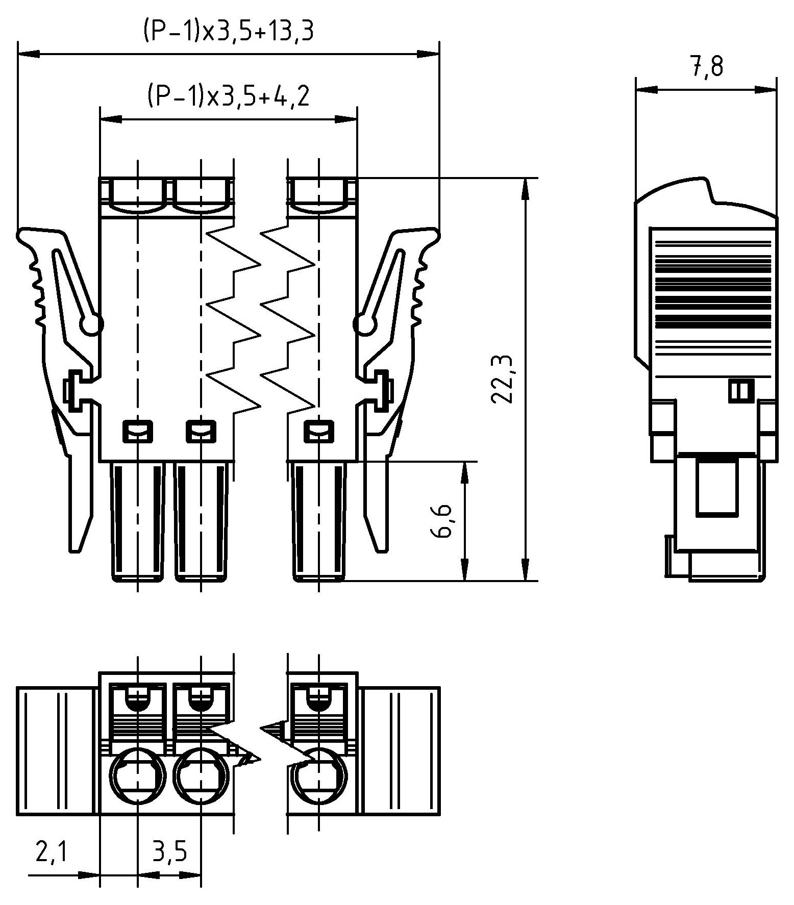 Technische Zeichnung eines Elektrosteckers mit Abmessungen. Vorder- und Seitenansichten sind dargestellt, mit verschiedenen Messungen in Millimetern.