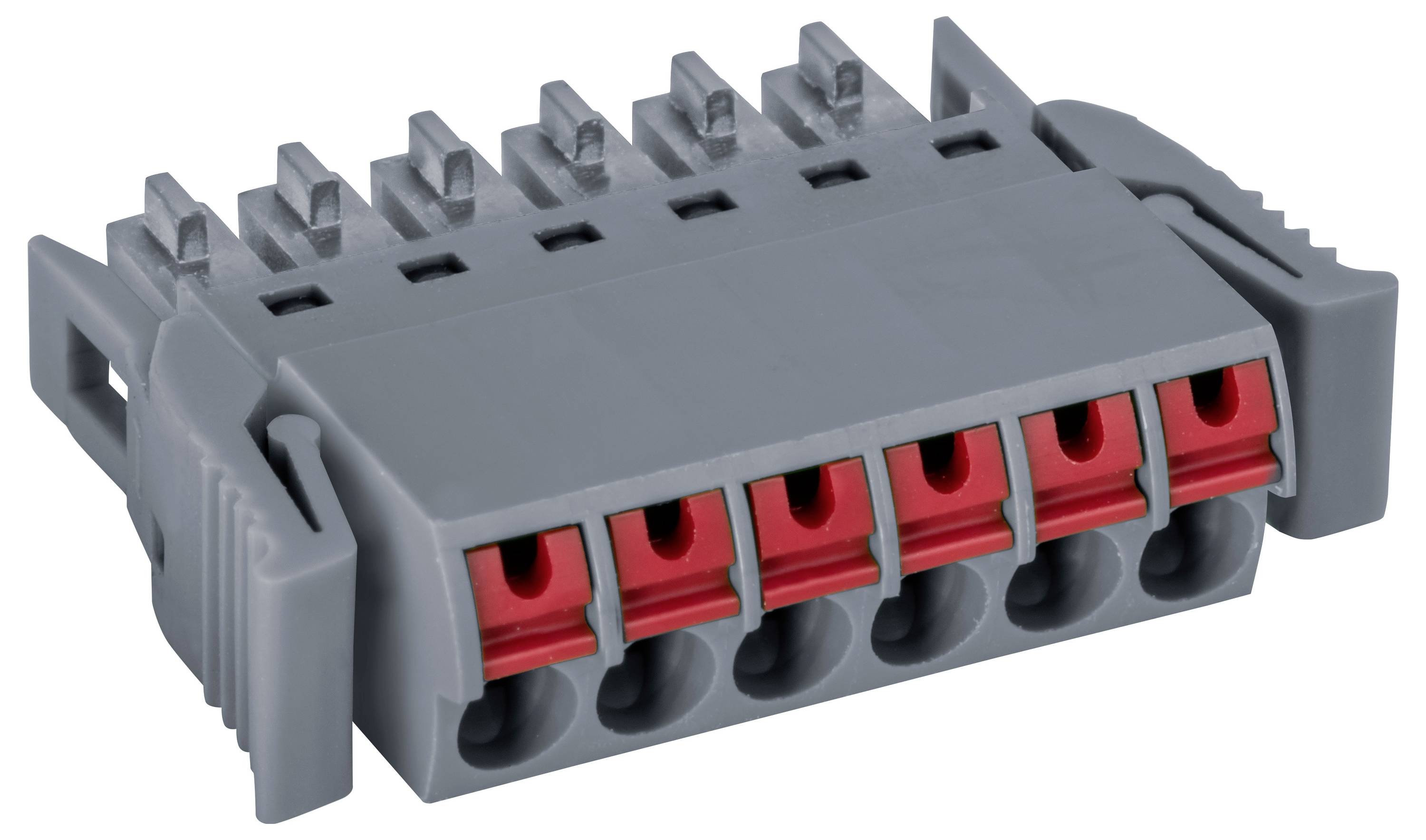 Fünf-Position-Klemmleistenverbinder mit grauem Gehäuse und roten internen Komponenten, von oben betrachtet.