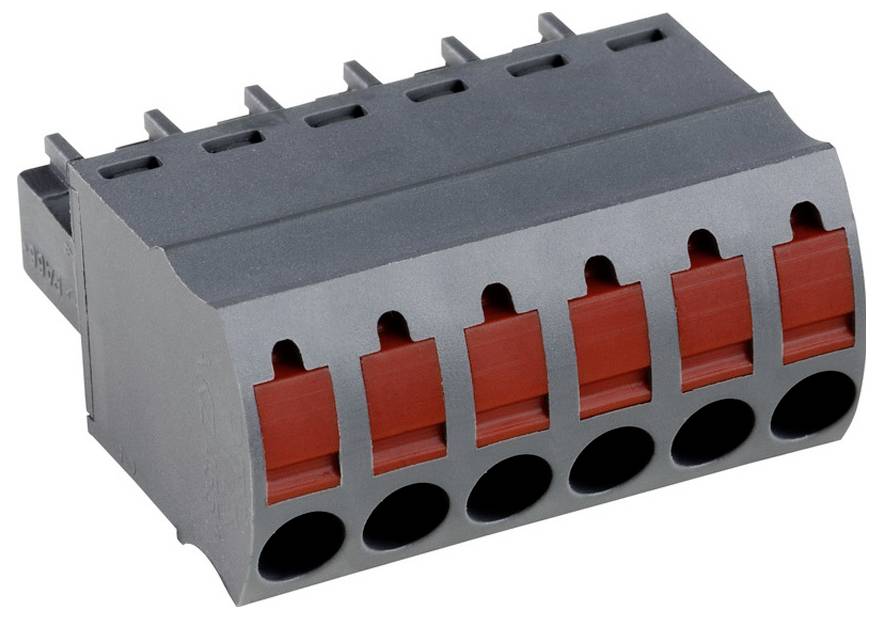 Grauer Elektrostecker mit sechs roten Sicherheitsverriegelungsverbindern, die Ein- und Austrittstellen für elektrische Verbindungen zeigen.