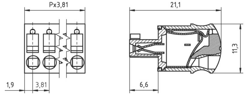 Technisches Schaubild mit Abmessungen eines elektronischen Steckers. Vorderansicht: Länge 3,81+14,2, Höhe 9,2. Seitenansicht: Breite 7, Höhe 3,4.
