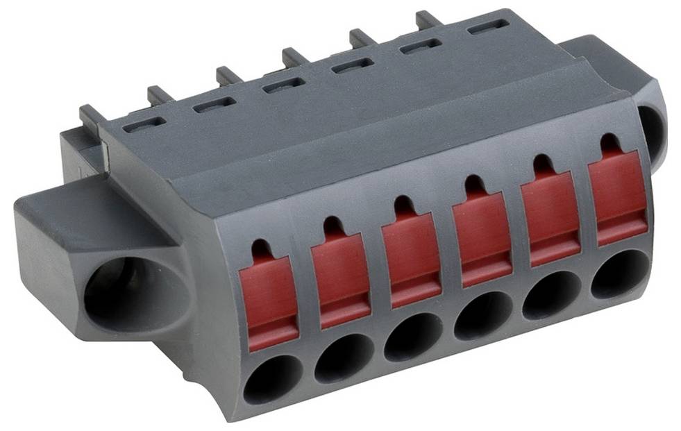 Ein grau-rotes Steckerblock für elektrische Verbindungen mit sechs Anschlussplätzen für die Verdrahtung, verwendet für sichere elektrische Verbindungen in Verdrahtungssystemen.