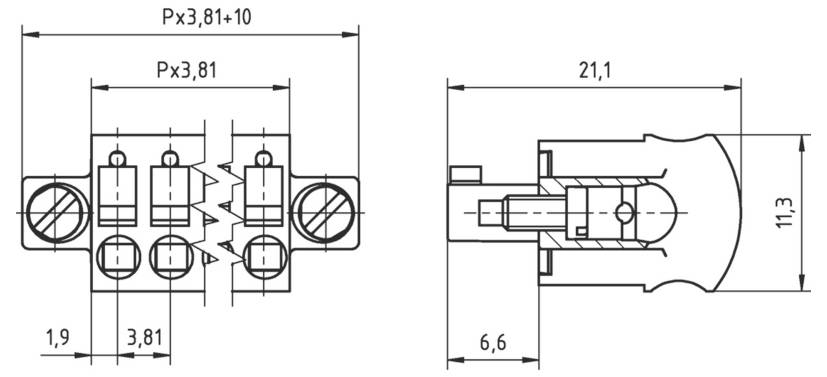 Technische Zeichnung einer Klemmleiste mit Abmessungen und detaillierten Schnitten. Wichtige Messungen beinhalten eine Länge von 21,1 mm und eine Höhe von 11,3 mm.