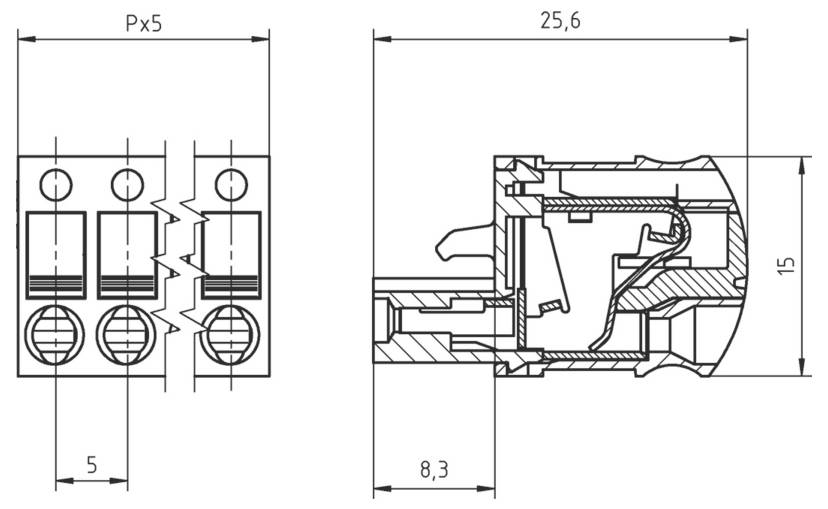 Technische Zeichnung eines Steckverbinders, der drei Anschllusspunkte und eine detaillierte innere Struktur mit Maßen in Millimetern zeigt.