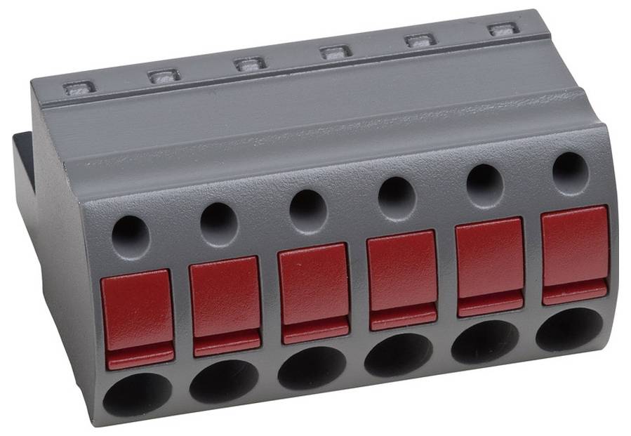 Ein graues und rotes Elektroklemmenblock mit mehreren Anschlusssteilen, die in zwei Reihen angeordnet sind.