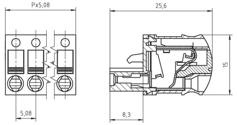 Technische Zeichnung eines 3-poligen Steckers mit Abmessungen: Breite 5,08 mm, Länge 25,6 mm, Höhe 15 mm und detaillierte Innenansicht.