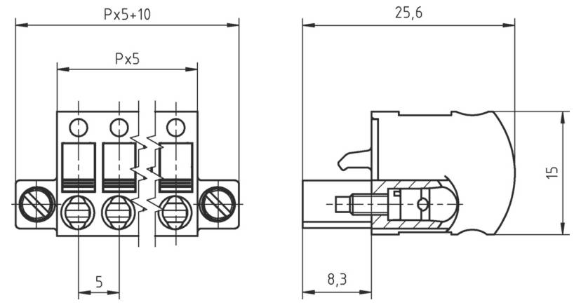 „Technische Zeichnung eines Verbindungsblocks mit detaillierten Abmessungen in Millimetern: Breite 25,6, Höhe 15, Tiefe 8,3, Abschnitte mit Px5 gekennzeichnet.