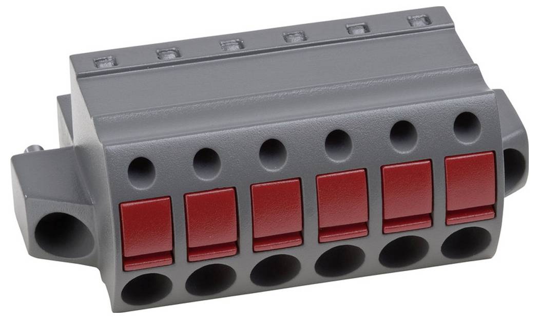 Ein grauer Industriestecker mit sechs kreisförmigen Anschlüssen und sechs roten Druckknopfterminals, der für sichere Verdrahtungsverbindungen verwendet wird.