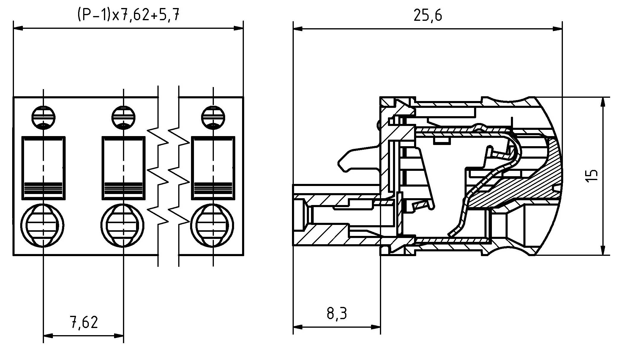 Technische Zeichnung eines elektrischen Steckers mit Vorder- und Seitenansicht sowie detaillierten Maßen. Zu den Hauptabmessungen gehören 25,6, 15, 7,62 und 8,3 mm.