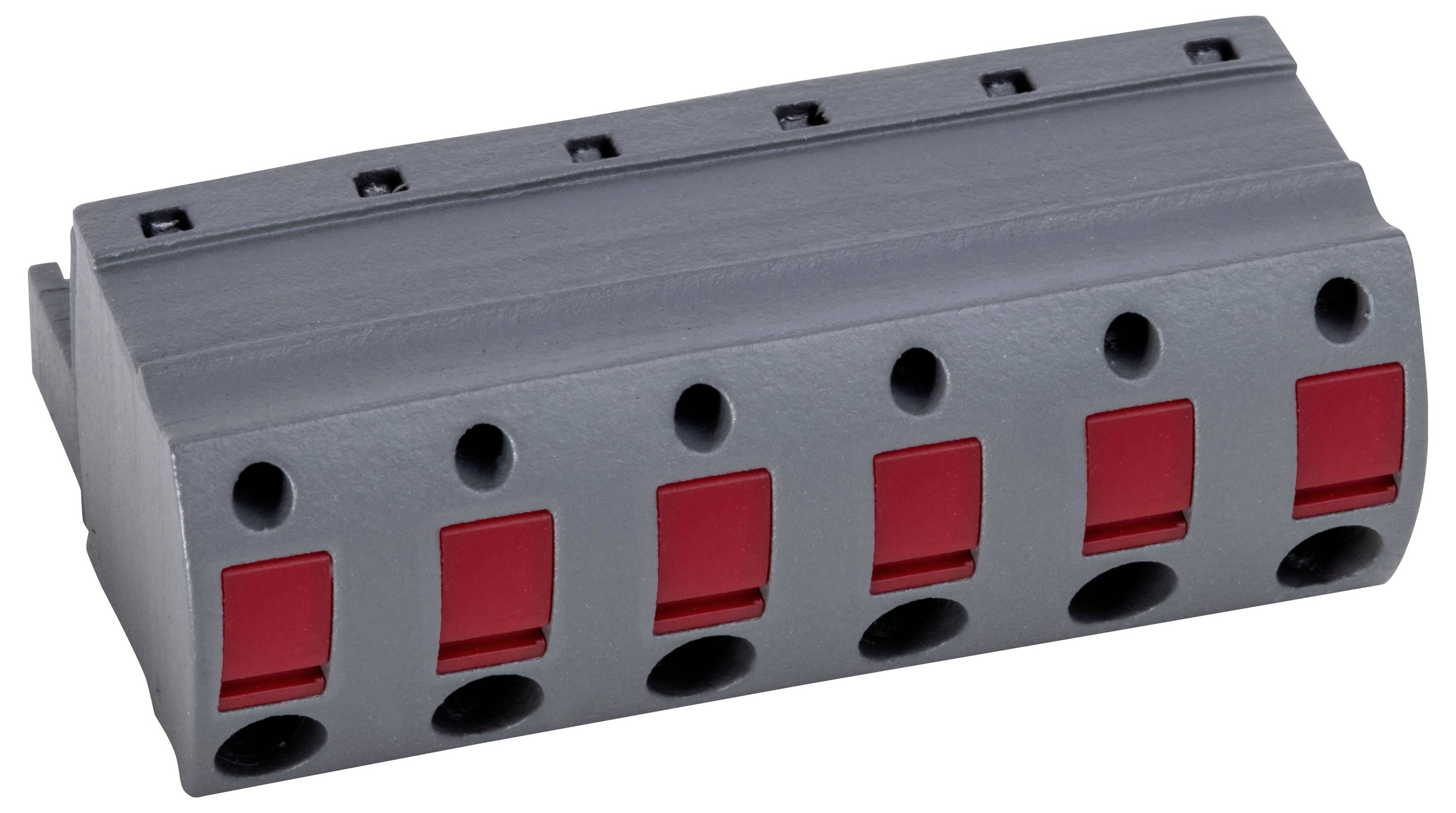 Ein grau-rotes Elektroklemmenblock mit mehreren Anschlusspunkten.