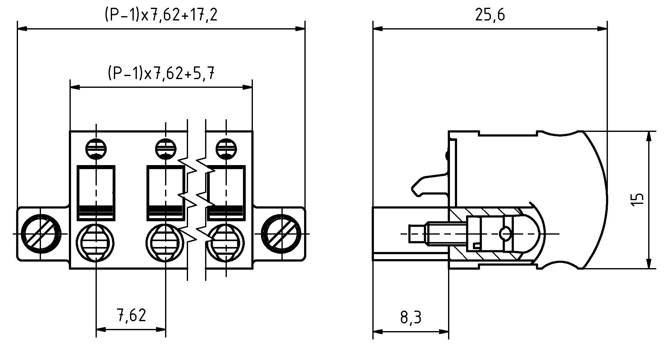 Technische Zeichnung eines 3-poligen Elektroklemmenblocks. Enthält Abmessungen: Breite 25,6 mm, Höhe 15 mm, Tiefe 8,3 mm und Stiftabstand 7,62 mm.