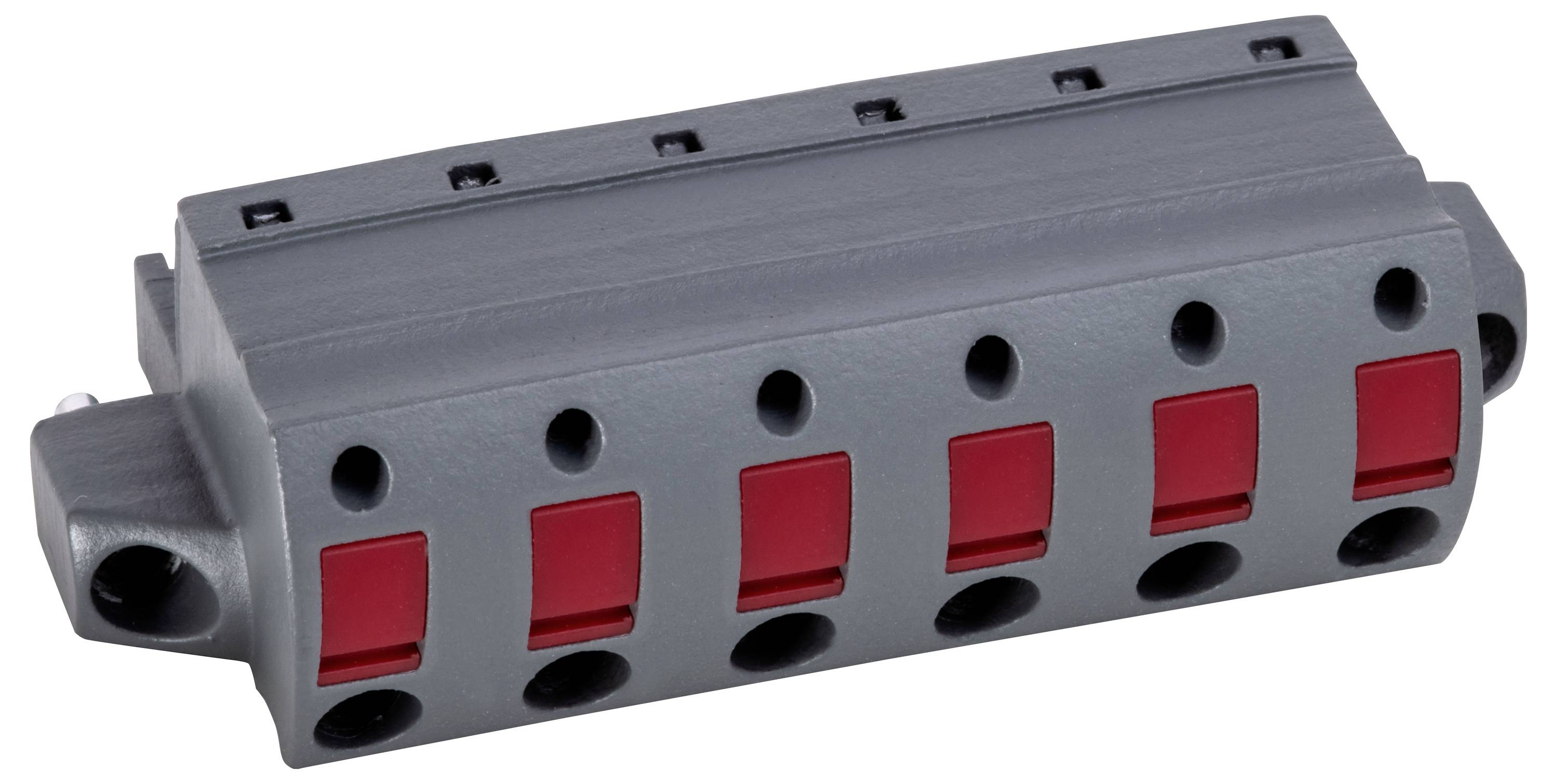 Ein grauer und roter elektrischer Stecker mit mehreren Anschlüssen, der zum Verbinden von Kabeln in elektronischen Baugruppen verwendet wird.