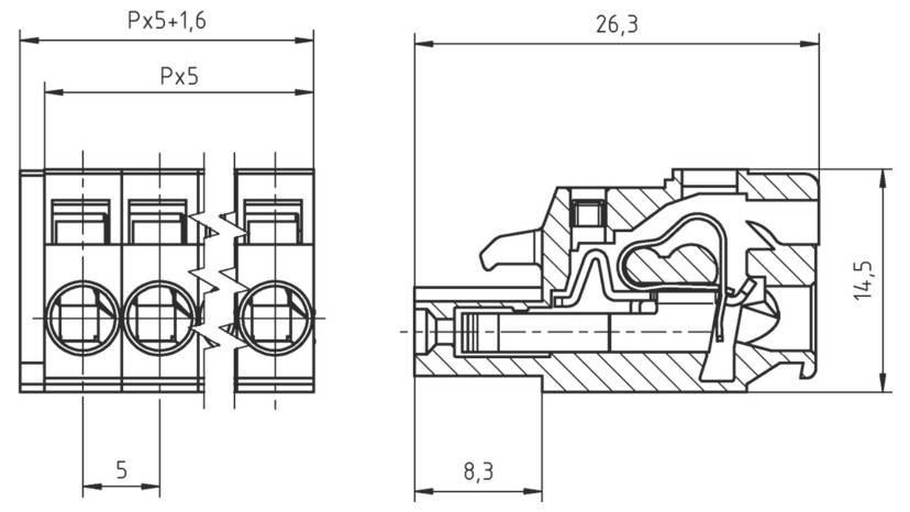 Technische Zeichnung eines Steckers: Abmessungen umfassen 26,3 mm Länge, 14,5 mm Höhe und verschiedene beschriftete Teile und Maße.