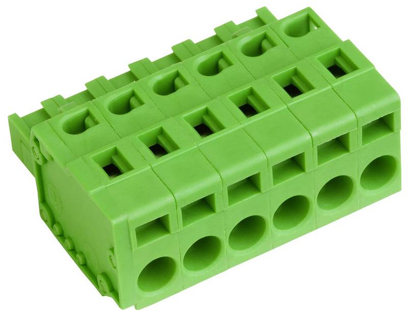 Ein grünes Klemmleistengehäuse mit acht Anschlüssen für elektrische Drähte, das für Schaltkreisverbindungen in elektronischen Geräten verwendet wird.