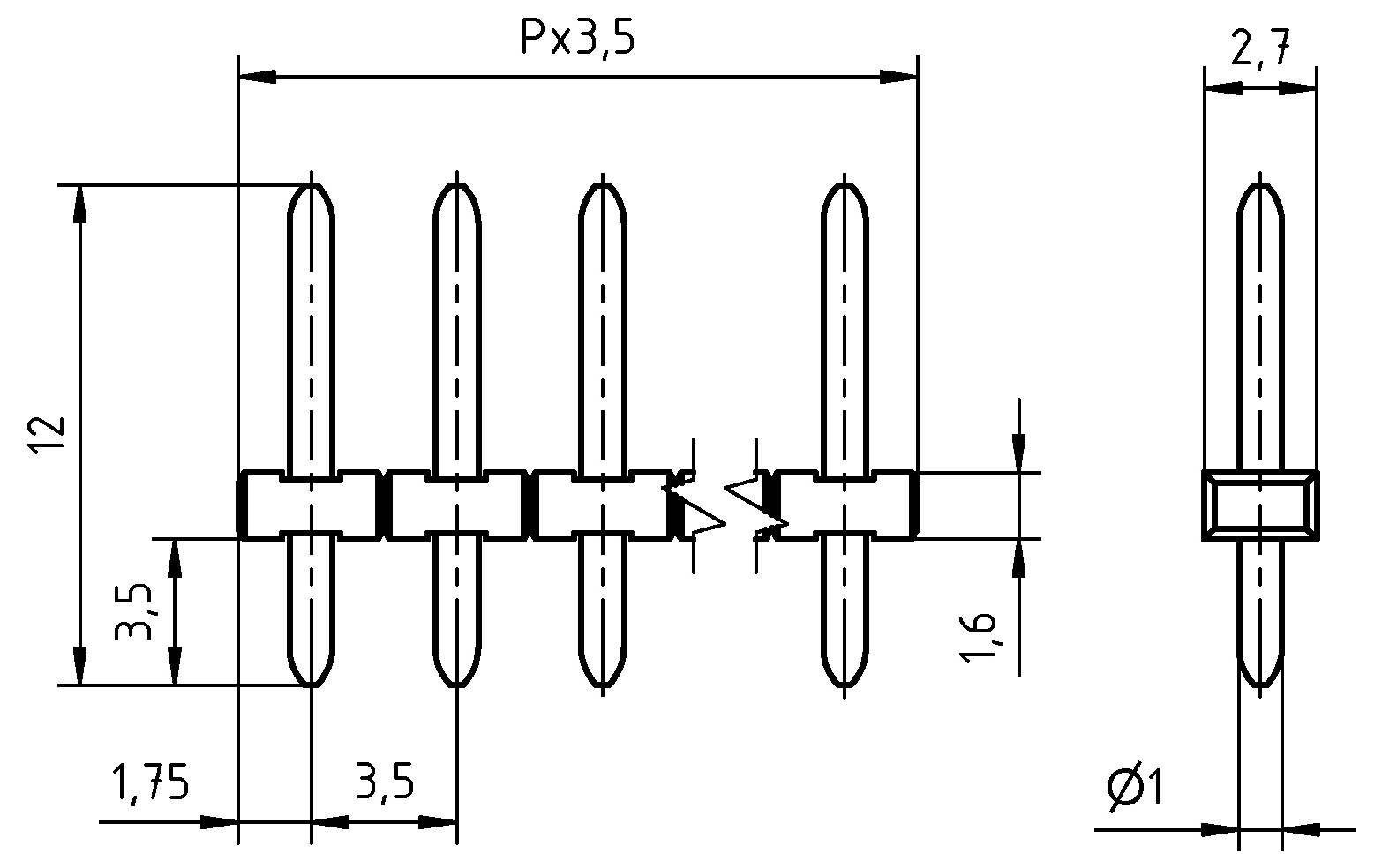 Technische Zeichnung eines Steckerleisten-Headers mit Abmessungen: 12 Höhe, 3,5 Abstand, 1,75 Rastermaß, 1,6 Ausschnitttiefe und 2,7 Breite. Ø1 bezeichnet Durchmesser.