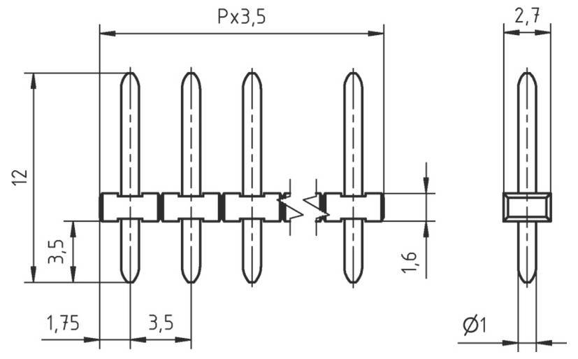 „Technische Zeichnung eines mechanischen Bauteils mit in Millimetern angegebenen Abmessungen, die Vorder- und Seitenansichten der internen Struktur zeigt.