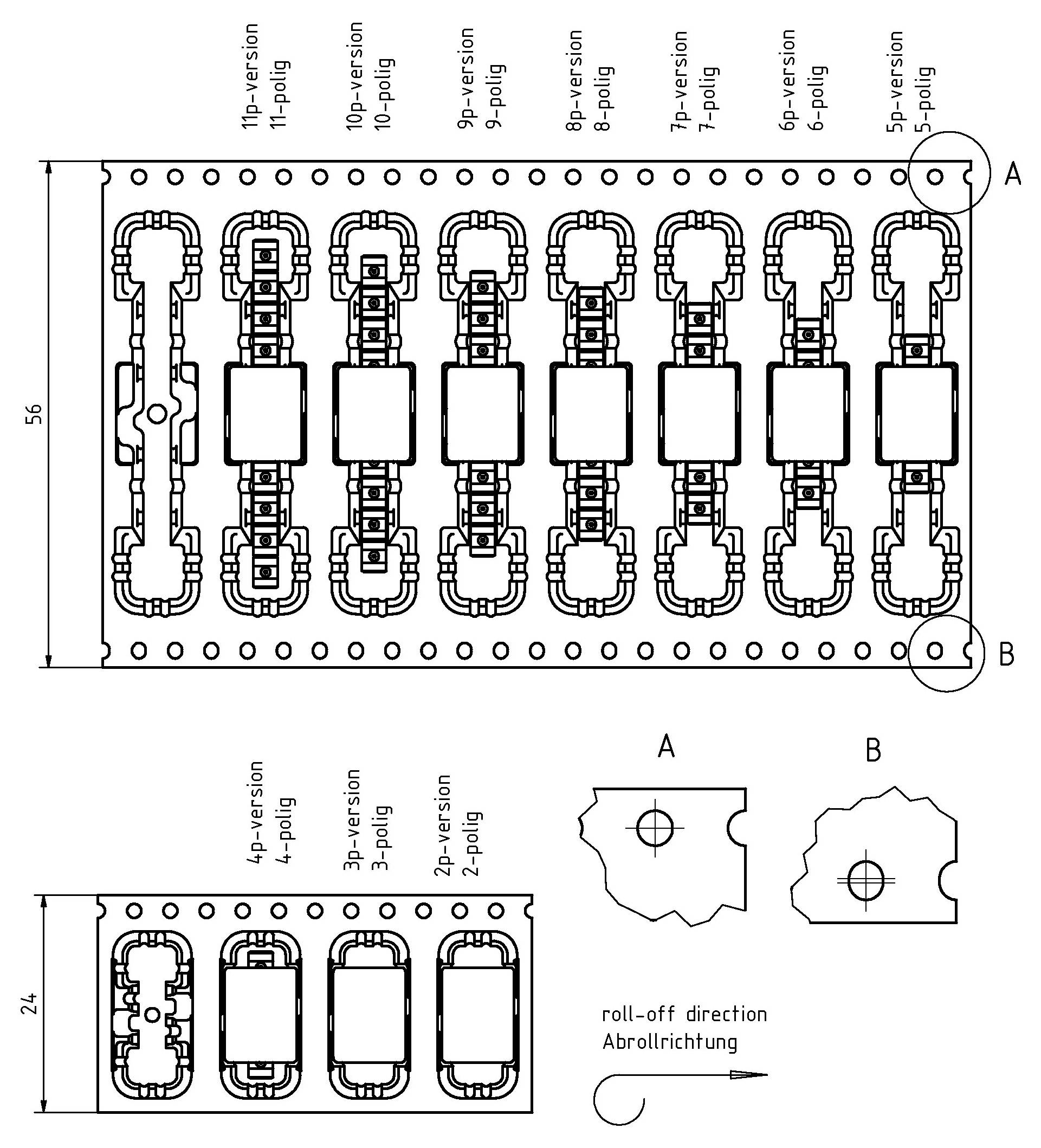 Diagramm, das verschiedene Versionen eines Komponentenlayouts zeigt: 10-, 9-, 8-, 7-, 6- und 5-polige Versionen. Abrollrichtung angegeben.