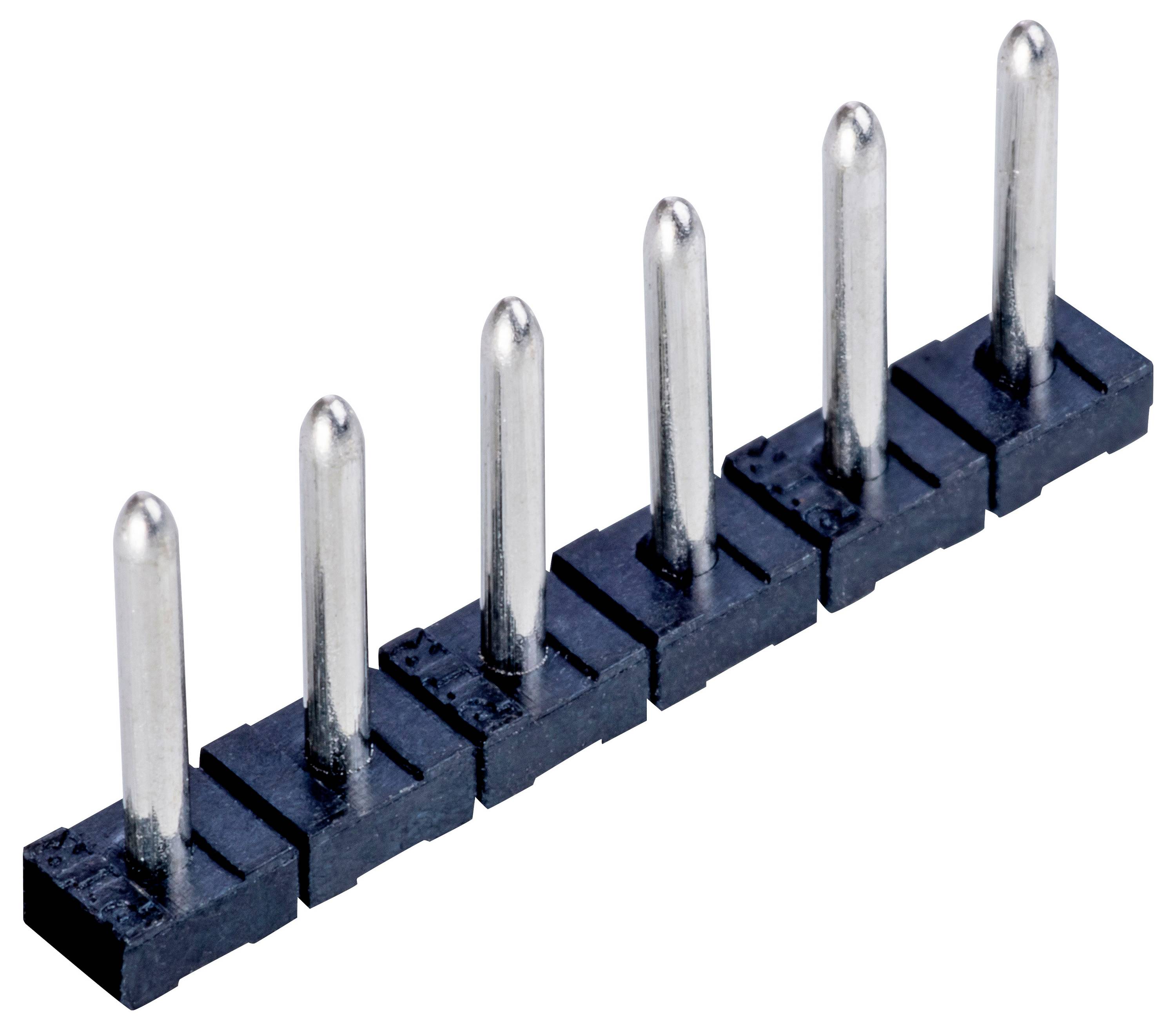 Eine Nahaufnahme einer schwarzen Kunststoff-Anschlussleiste mit sechs silbernen Metallstiften, die vertikal ausgerichtet sind und zur Verbindung elektronischer Komponenten verwendet werden.