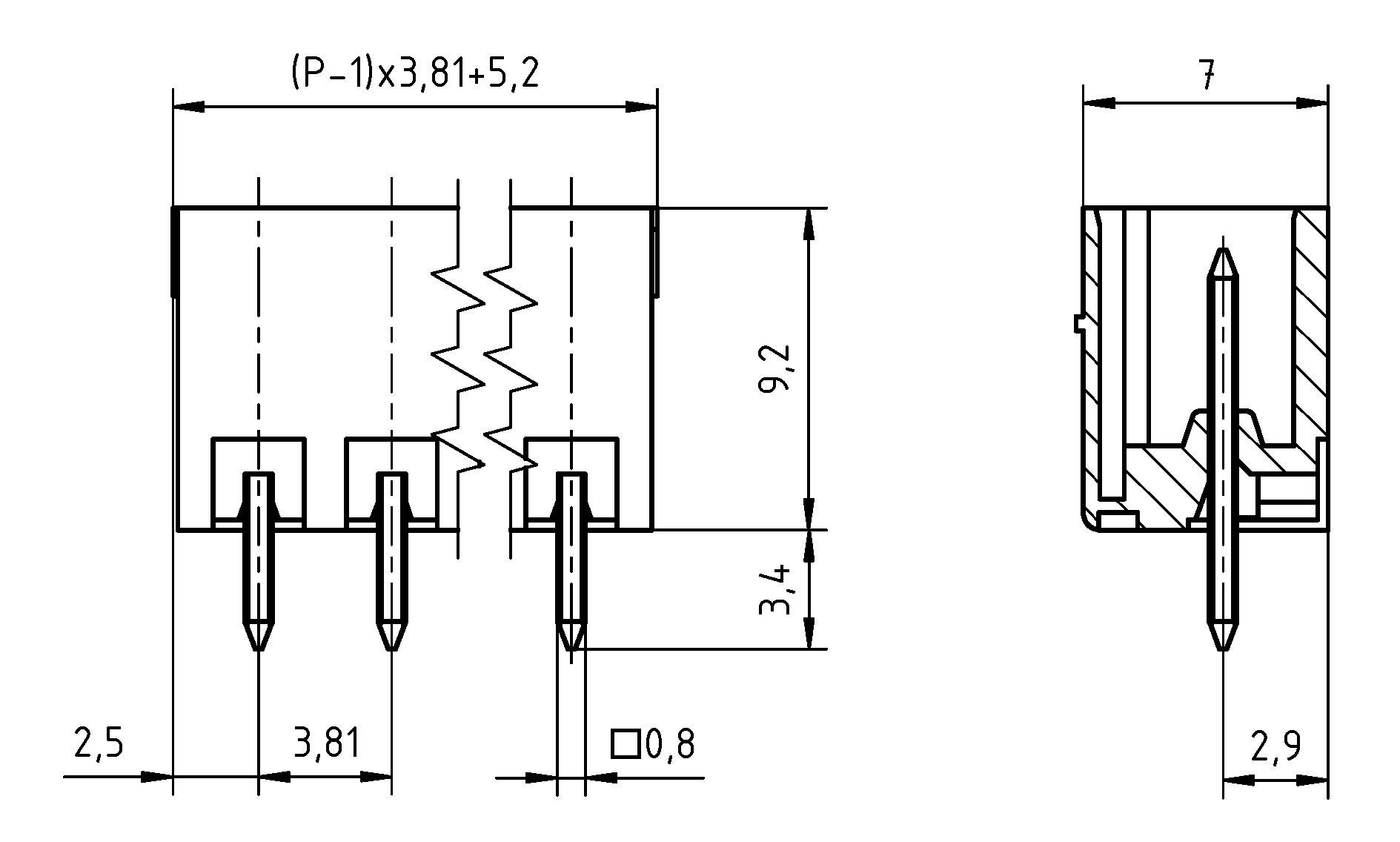 Diagramm einer elektronischen Komponente mit Anschlüssen. Die linke Ansicht zeigt Abmessungen von 2,5 mm, 3,81 mm und 9,2 mm. Die rechte Ansicht zeigt eine Breite von 7 mm.