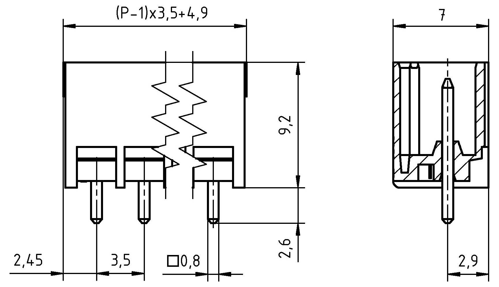 Technisches Diagramm mit zwei Ansichten einer elektronischen Komponente mit Anschlüssen. Abmessungen werden in Millimetern für Designreferenzen bereitgestellt.