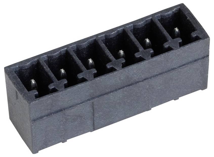 Ein rechteckiger schwarzer Elektrostecker mit acht Metallkontaktpunkten im Inneren, verwendet für Steckverbindungen in elektronischen Geräten.