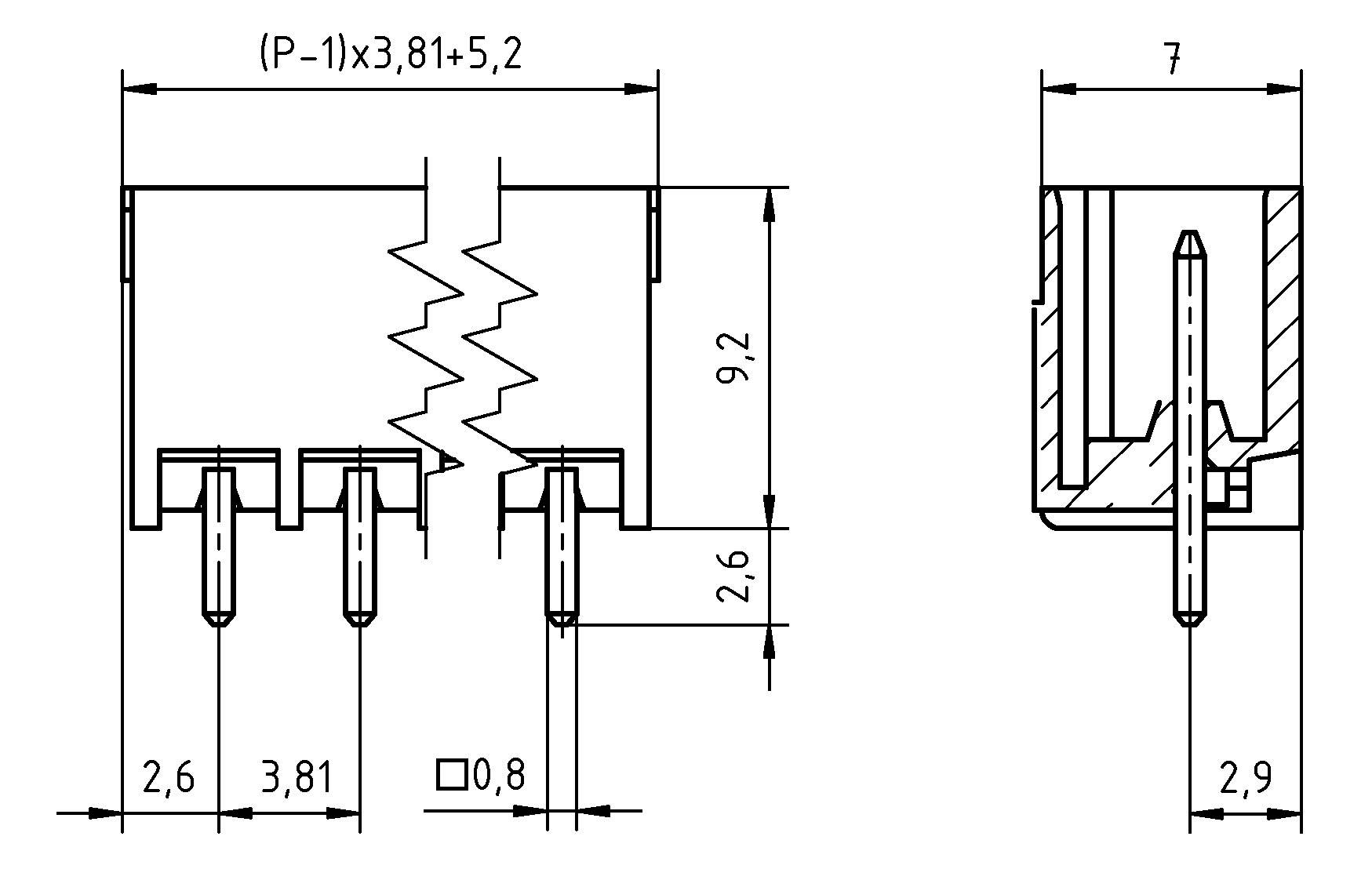 Technische Zeichnung eines Doppelreihen-Stiftverbinders. Dimensionen sind beschriftet: Breite 2,6, 3,81 Abstand, Höhe 9,2, Tiefe 2,9, Querschnittsbreite 7.