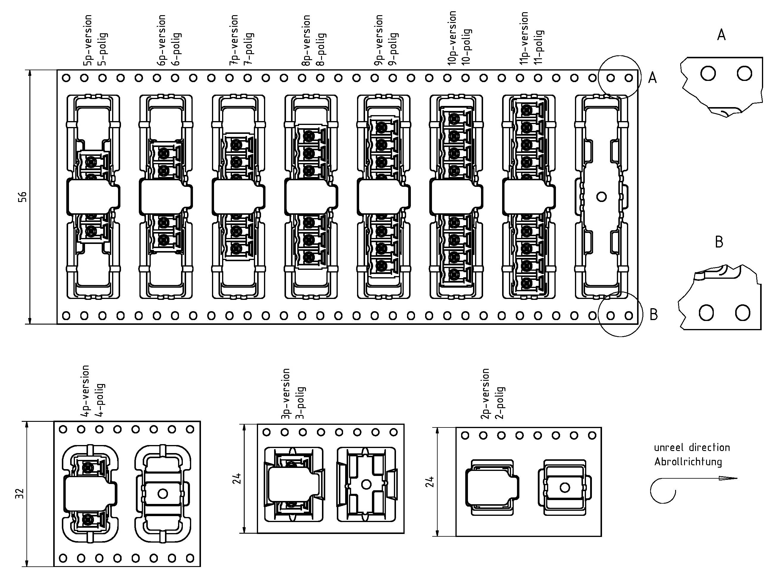 Designzeichnung einer mechanischen Schalterdose mit mehreren Schalterumrissen und Maßangaben, einschließlich Draufsicht und Seitenansicht. Beschriftungen zeigen Platzierung und Abstände an.