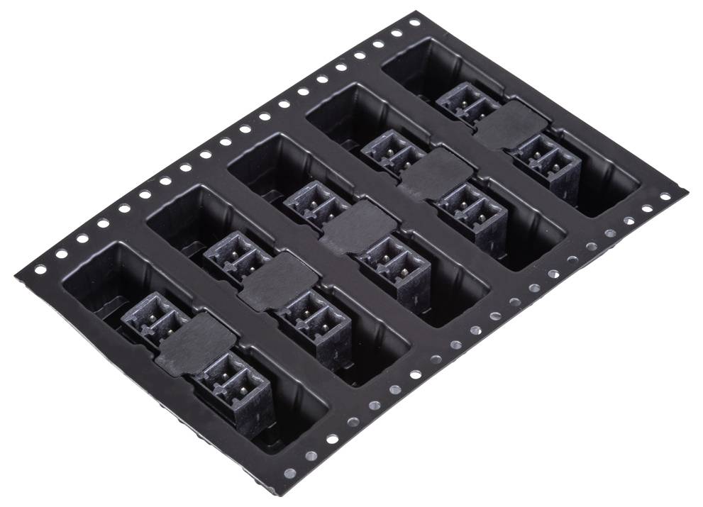 Schwarzes Elektronik-Komponentenfach mit mehreren Steckern mit einer Reihe von Kontaktstiften, wahrscheinlich für die Elektronikfertigung oder -montage verwendet.