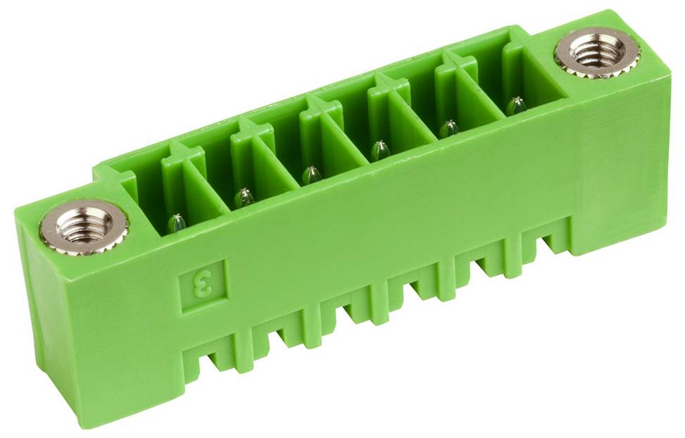 Ein grünes Anschlussklemmblock mit mehreren Verbindungspunkten, das für die elektrische Verdrahtung verwendet wird und an jedem Ende zwei Metallschraubenklemmen aufweist.