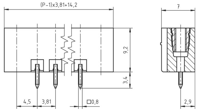 Technische Zeichnung eines 3-poligen elektronischen Bauteils mit detaillierten Maßangaben: 9,2 mm Höhe, 4,5 mm und 3,81 mm Breiten, 0,8 mm Pindicke.