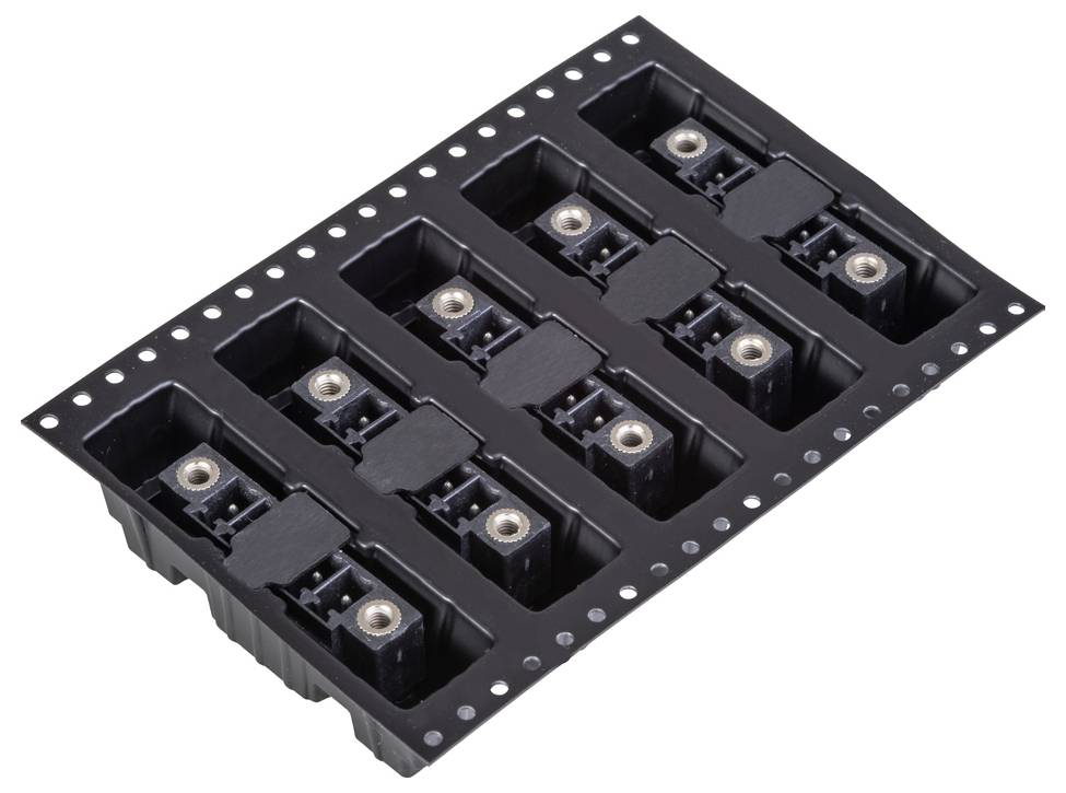 Ein schwarzes elektronisches Modul mit mehreren identischen Komponenten, die in einem Gitter angeordnet sind, jede mit silbernen kreisförmigen Anschlüssen auf der Oberseite.