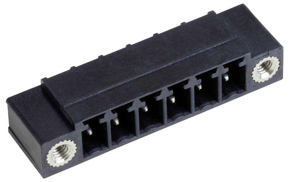 Ein schwarzer rechteckiger elektrischer Stecker mit sechs Schlitzen, entwickelt zur Montage, auf weißem Hintergrund gezeigt.