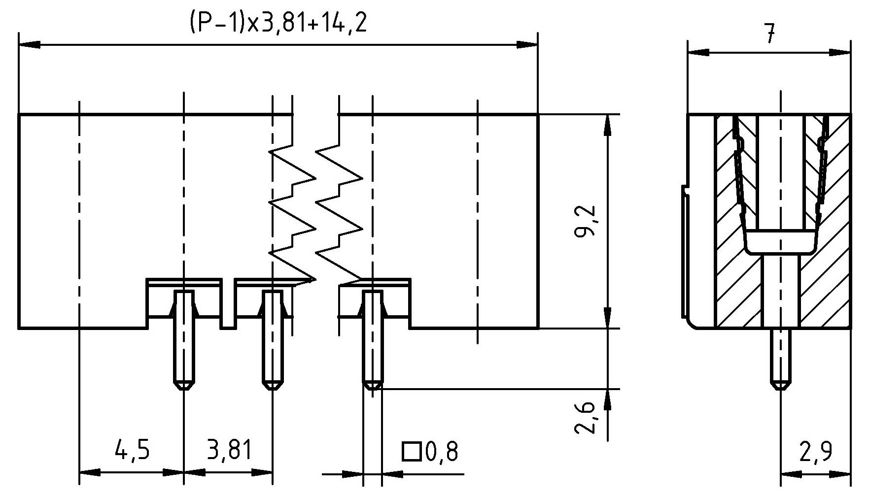 „Technische Zeichnung einer elektronischen Komponente mit genauen Abmessungen: 9,2 Höhe, 7 Breite, Stiftabstand 3,81 mm und 2,6 mm Länge.