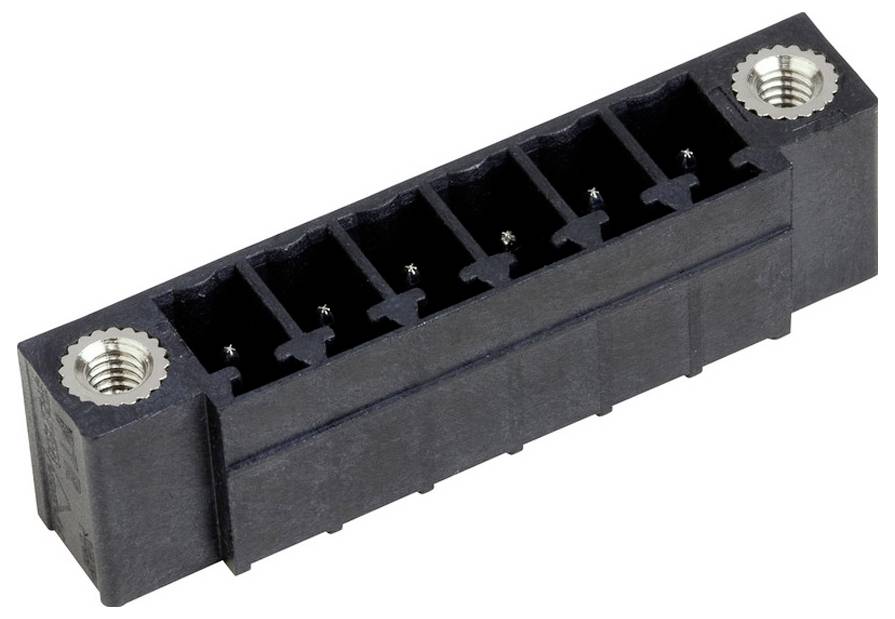 Ein schwarzer rechteckiger elektronischer Stecker mit sechs Schlitzen, metallischen Schraubenlöchern an den Ecken, wahrscheinlich zur Verbindung mit Leiterplatten oder elektronischen Geräten.