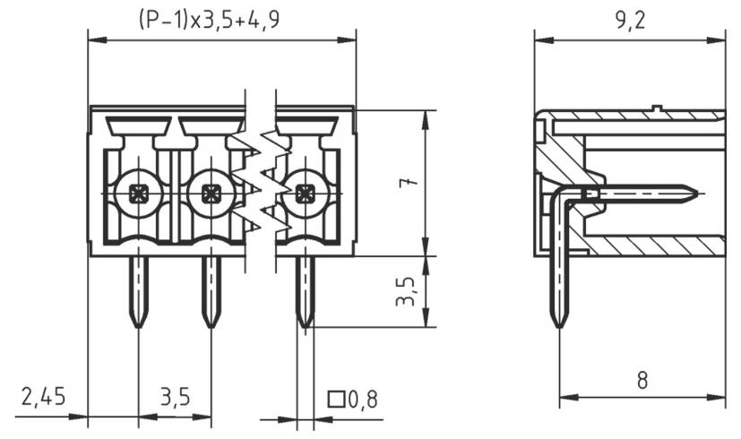 Technisches Diagramm eines dreipoligen Steckers mit Abmessungen: Breite 9,2 mm, Höhe 7 mm, Pinabstand 3,5 mm, Pinlänge 8 mm.