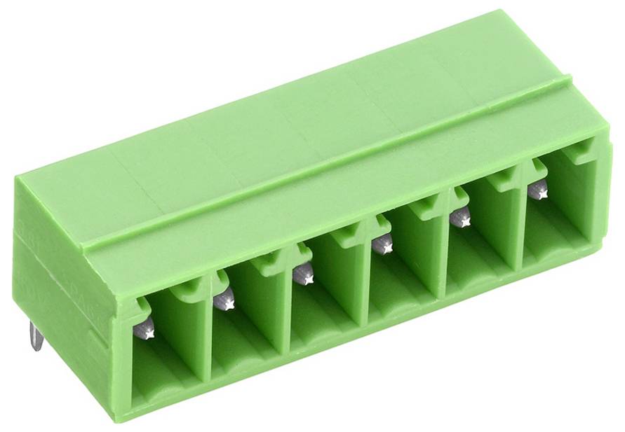 Ein grüner sechspoliger Klemmblockstecker, typischerweise zur Befestigung und zum Verbinden von elektrischen Drähten in elektronischen Geräten verwendet.