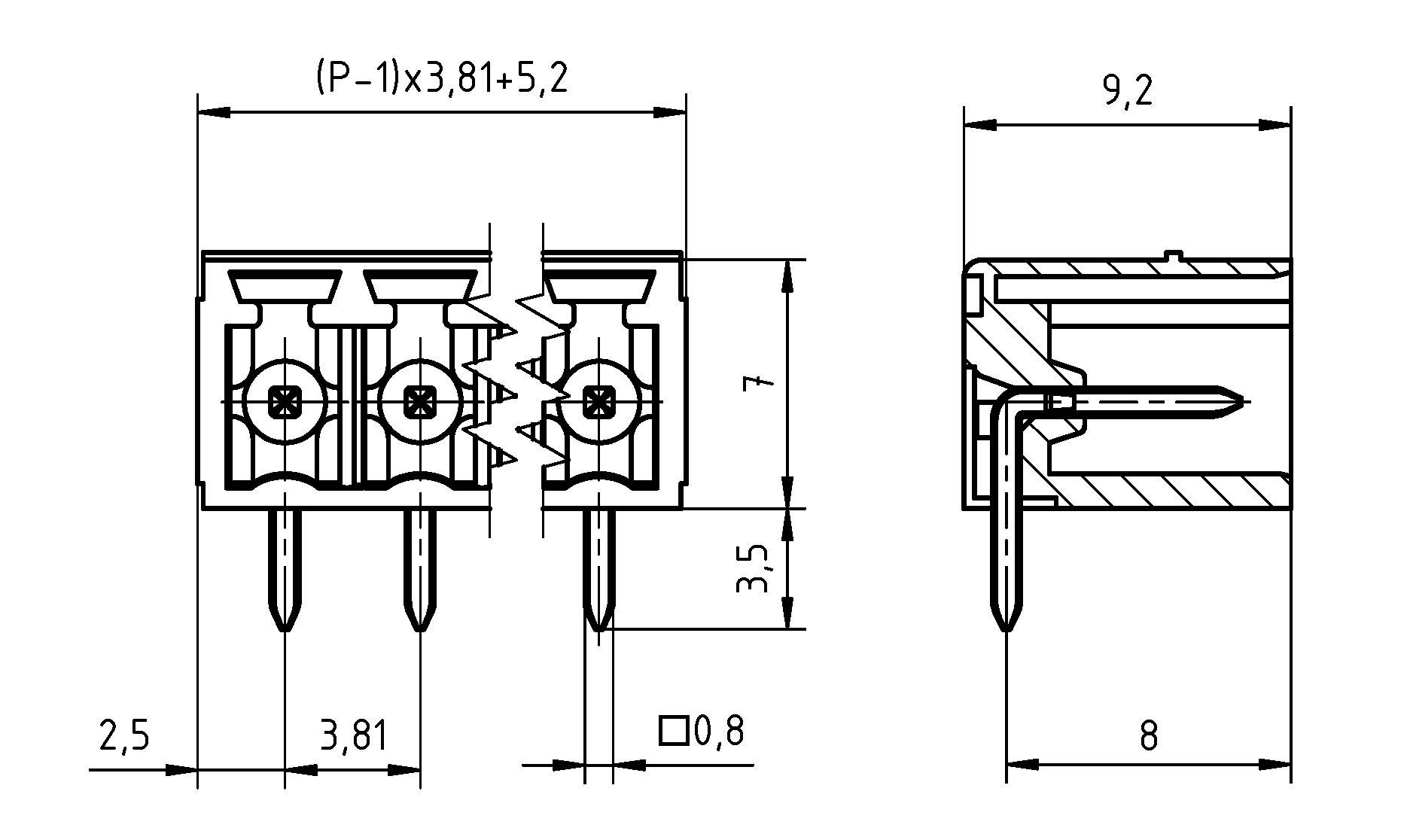 Technische Zeichnung mit Abmessungen eines dreipoligen Elektrosteckers mit Maßangaben für Höhe, Breite und Pinabstand.