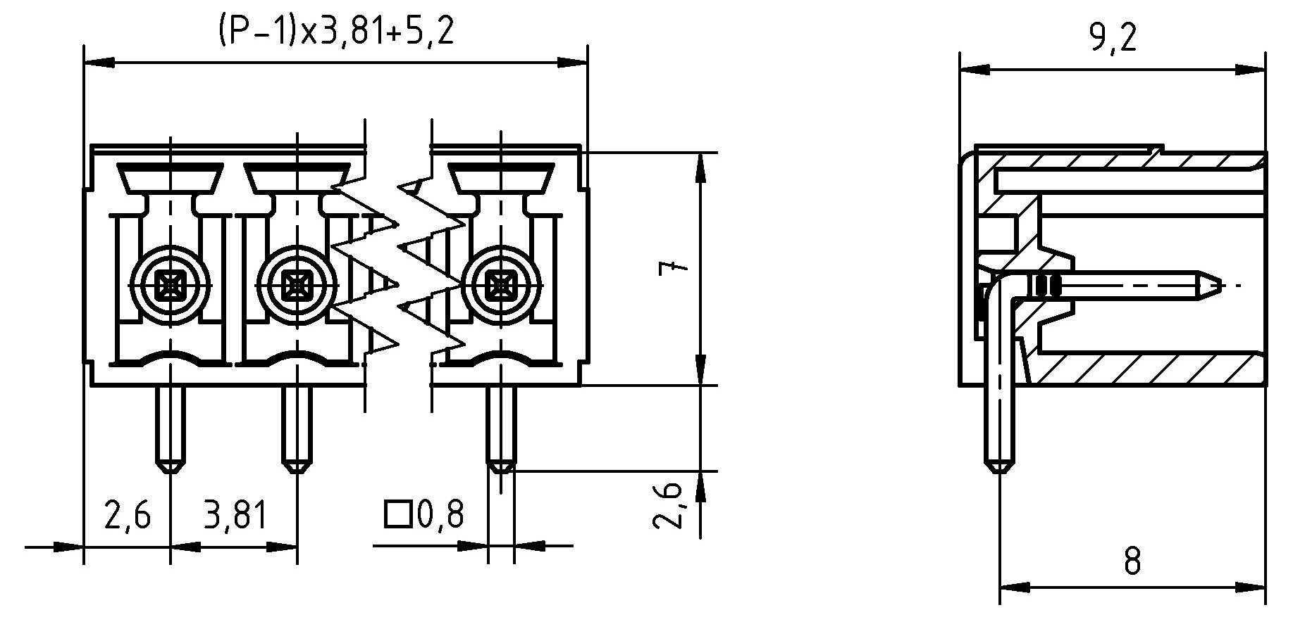 Technische Zeichnung eines dreipoligen elektrischen Steckers mit Seiten- und Frontansicht, mit Abmessungen und Spezifikationen für präzise Ausrichtung.
