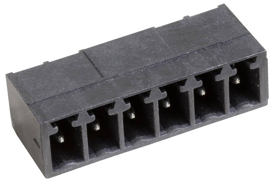 Eine Nahaufnahme eines schwarzen 8-poligen weiblichen Steckverbinders, der für elektronische Schaltungsverbindungen verwendet wird, zeigt seine rechteckige Form und Steckplätze.