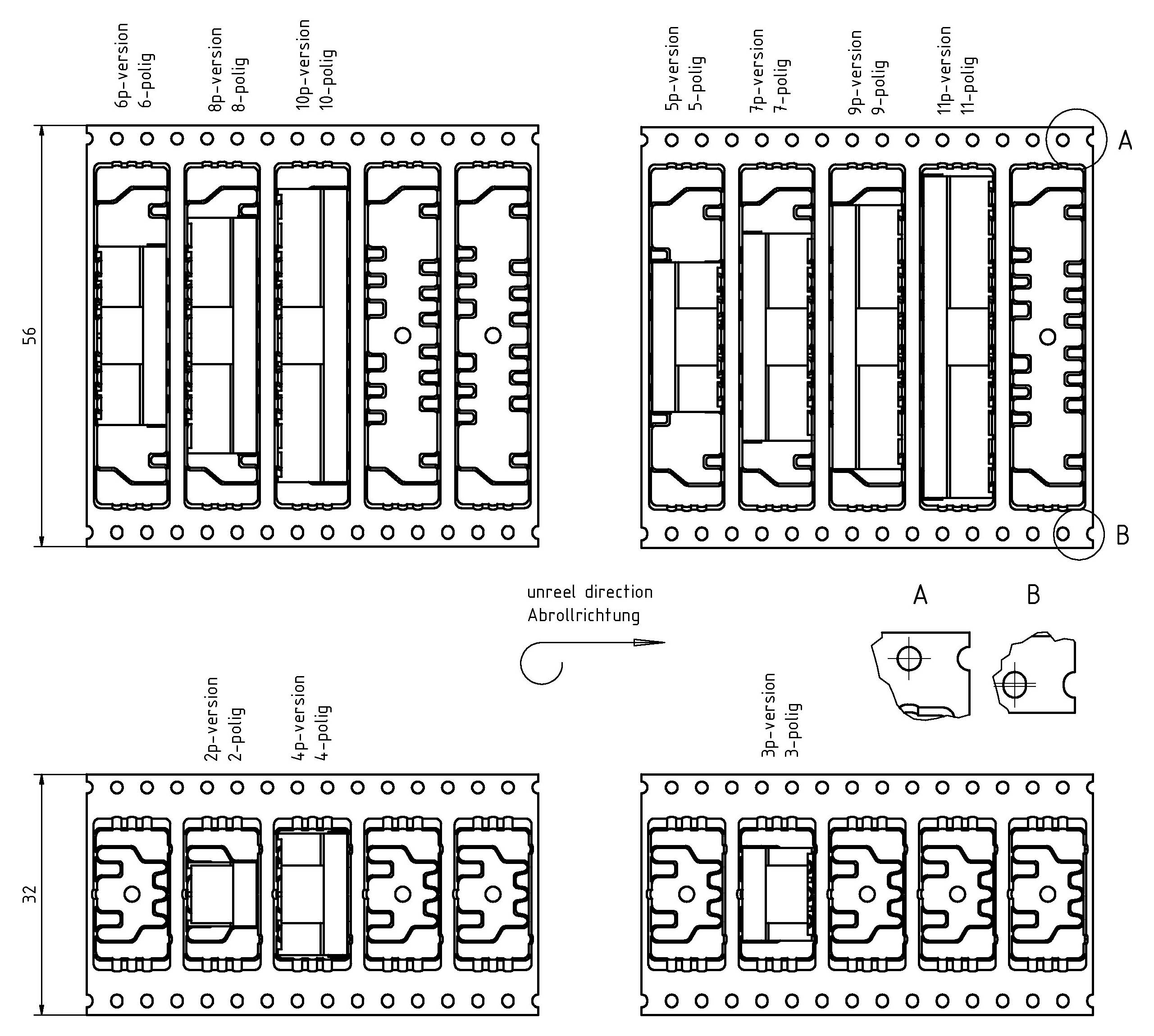 „Technische Zeichnung mit verschiedenen Querschnittsansichten und Abmessungen eines Steckverbinderlayouts. Enthält Seitenansicht, Draufsicht und Walzrichtung.