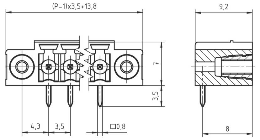 Technische Zeichnung eines Steckers mit Abmessungen: Breite 9,2 mm, Höhe 7 mm. Enthält beschriftete Abstände zwischen Stiften und Befestigungslöchern.