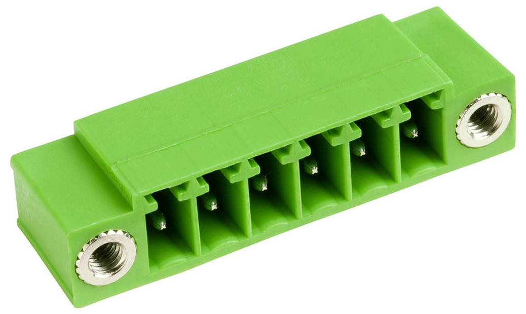 Grüner Klemmblock mit sechs Anschlußpunkten und Metallschrauben an jedem Ende, verwendet für elektrische Verdrahtung und Schaltungsverbindungen.