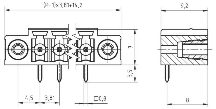 Technische Zeichnung eines 3-poligen Steckers mit Abmessungen. Die Vorderansicht zeigt den Pinabstand und die Gesamtlänge. Die Seitenansicht zeigt die Pinhöhe im Detail.