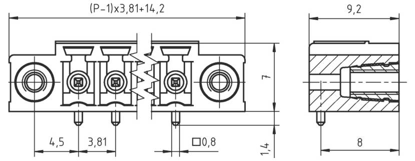 Technische Zeichnung einer elektrischen Komponente mit gekennzeichneten Abmessungen; Vorder- und Seitenansicht dargestellt, mit Schraubklemmen und Gehäuseprofil.
