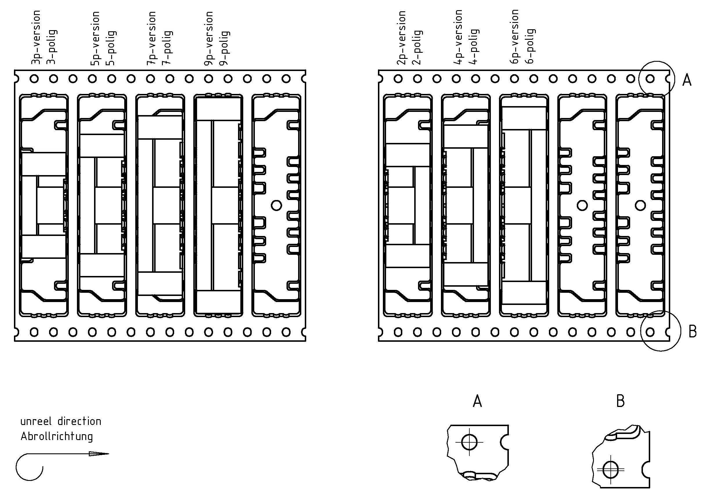 „Diagramm zeigt eine Spulenrolle mit Positionen 3P, 5P, 7P, 9P und 12P für die Komponentenplatzierung. Abrollrichtung gibt die Abwicklungsrichtung an.